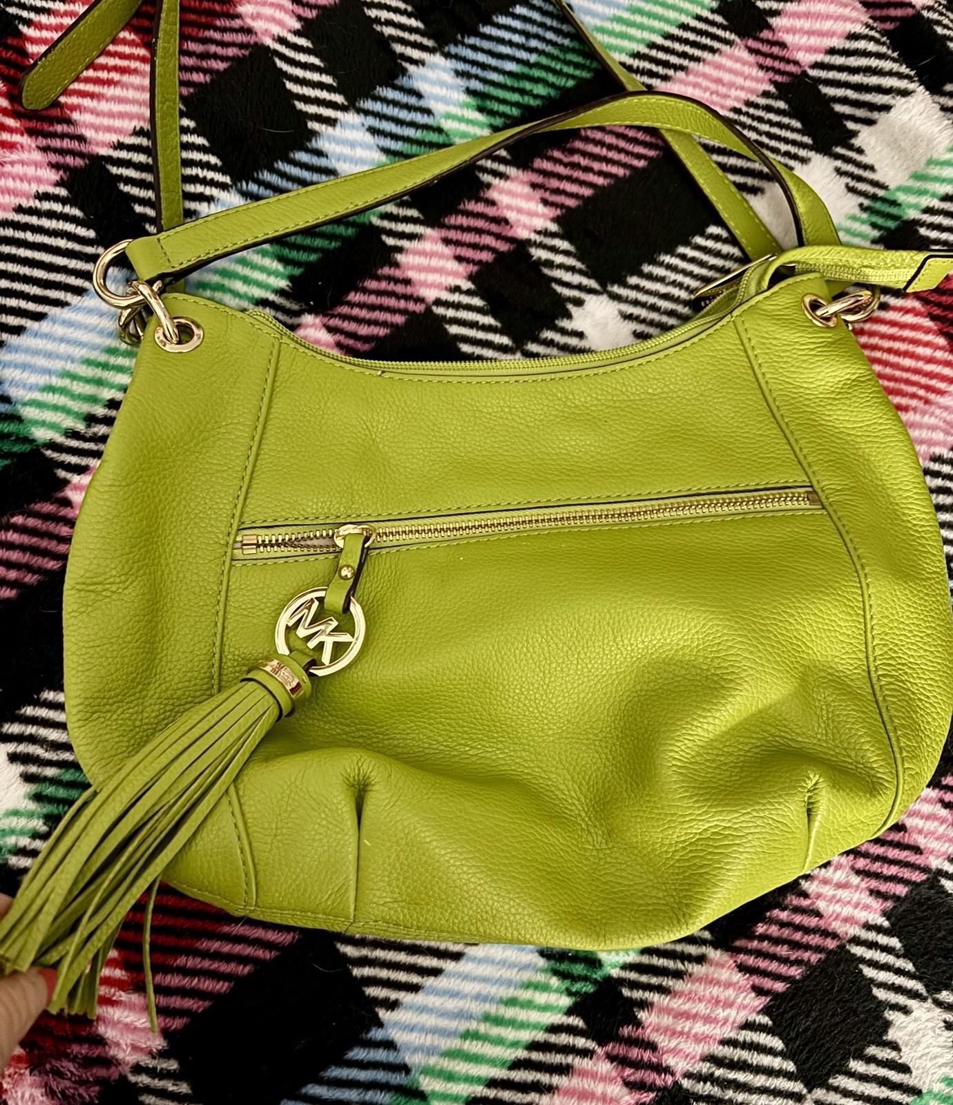 Michael Kors Lime Green Pebbled Leather Tassel Shoulder Bag Gold Hardware EUC