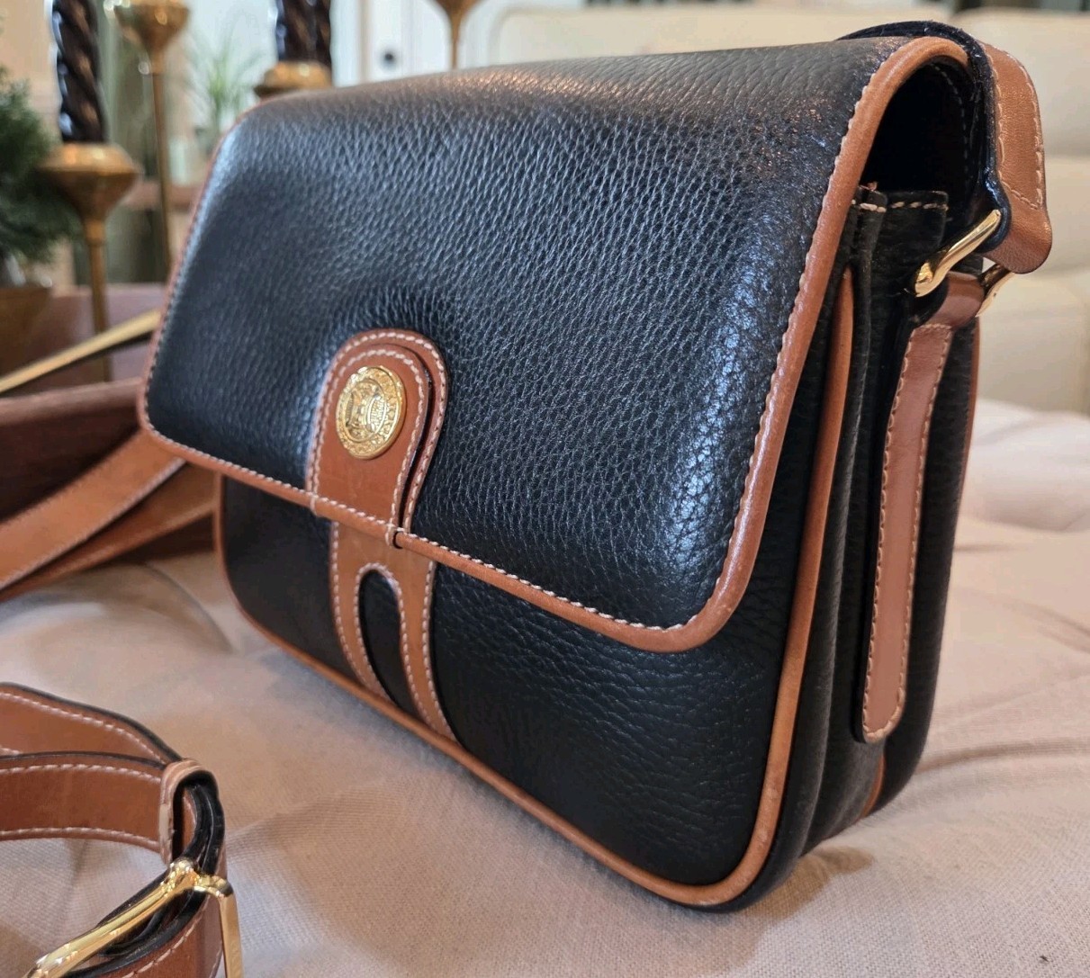Vintage CELINE Gold Blazon Triomphe Black + Tan Leather Flap-over Bag Rare Mint