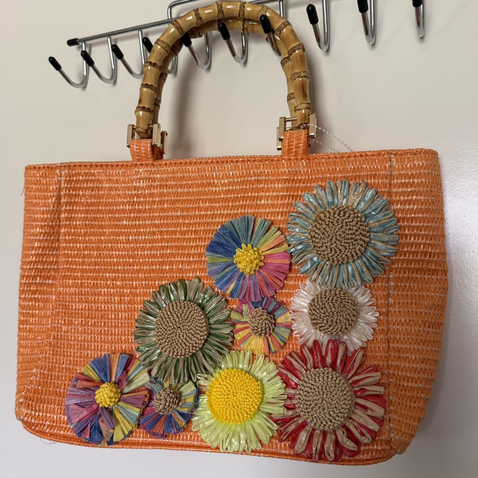 HAUTE HIPPIE Orange Woven Straw Handbag Flowers Summer Unique Bag NWOT