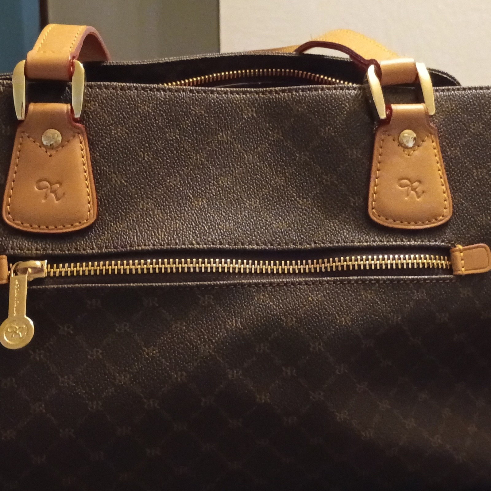 Rioni Brown Monogram Coated Satchel Top Handle Bag Zip Closure Gold Hardware