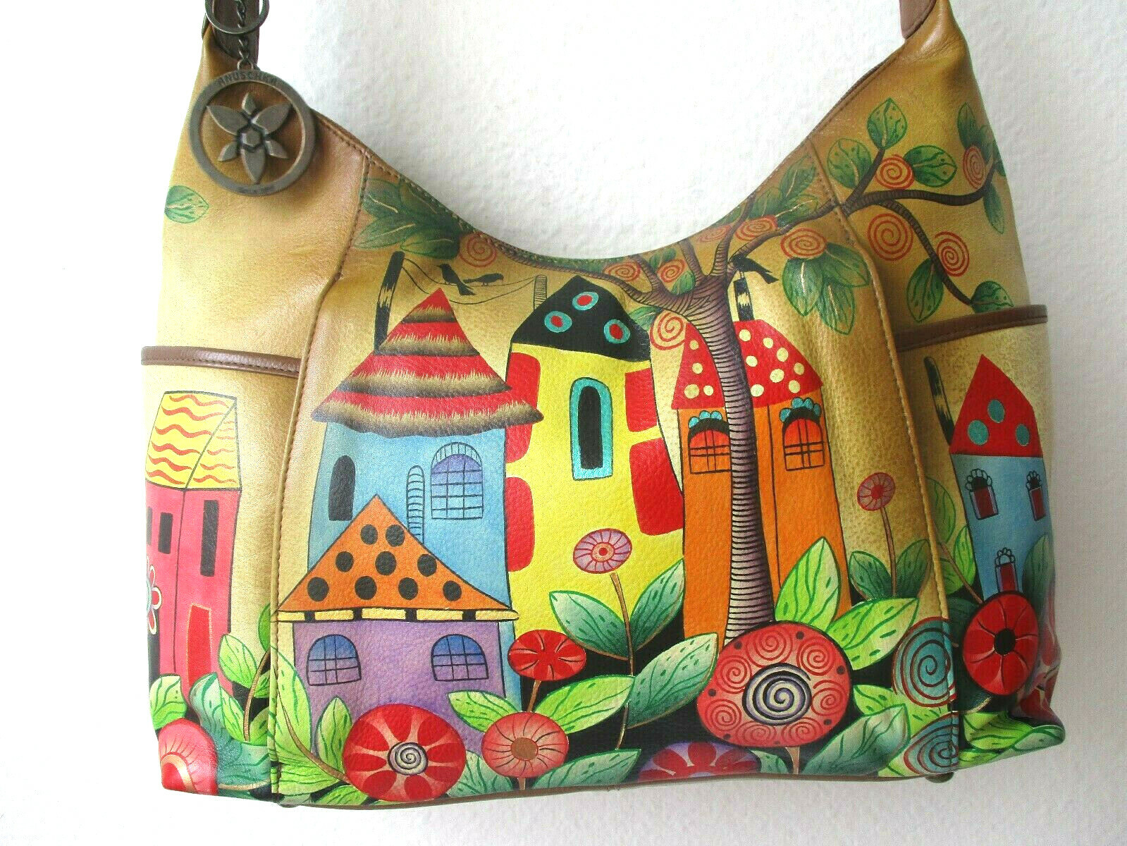 Anuschka Village of Dreams Tan Hand-Painted Leather Zip-Front Hobo Purse – NWT