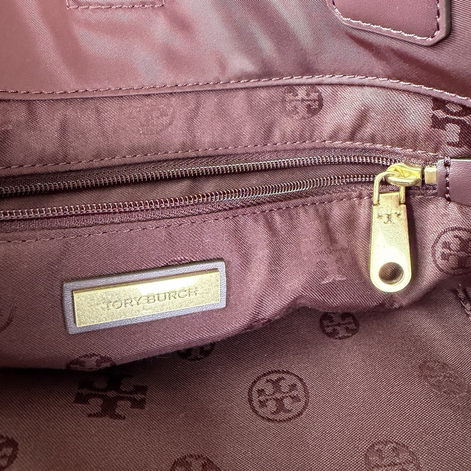 Tory Burch Ella Large Tote Bag Burgundy Nylon Leather Logo Shoulder Handbag