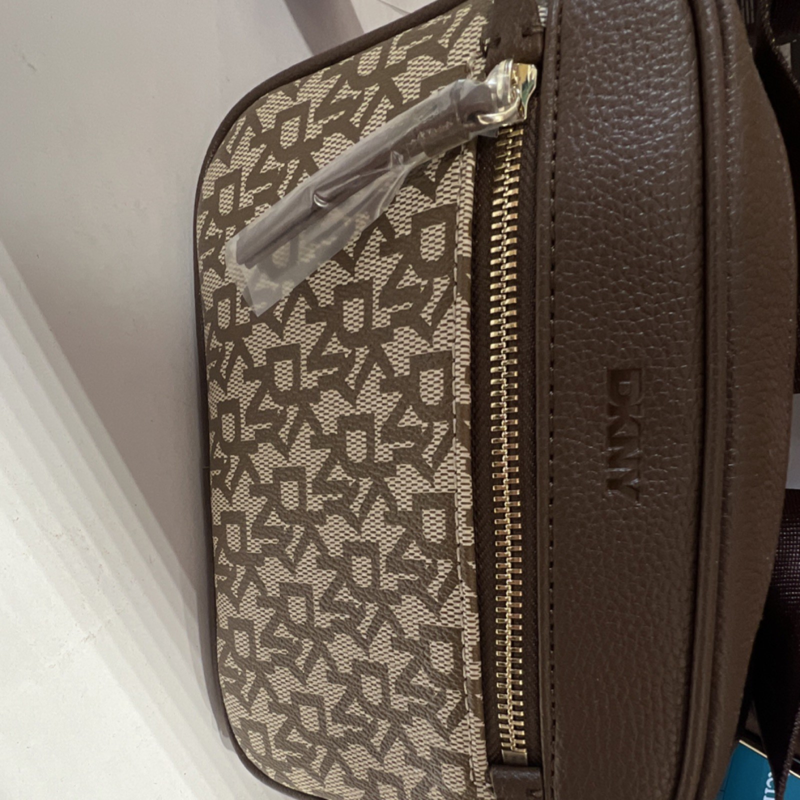 DKNY Chocolate Logo Shoulder Bag Gold Hardware Pebbled Finish Women