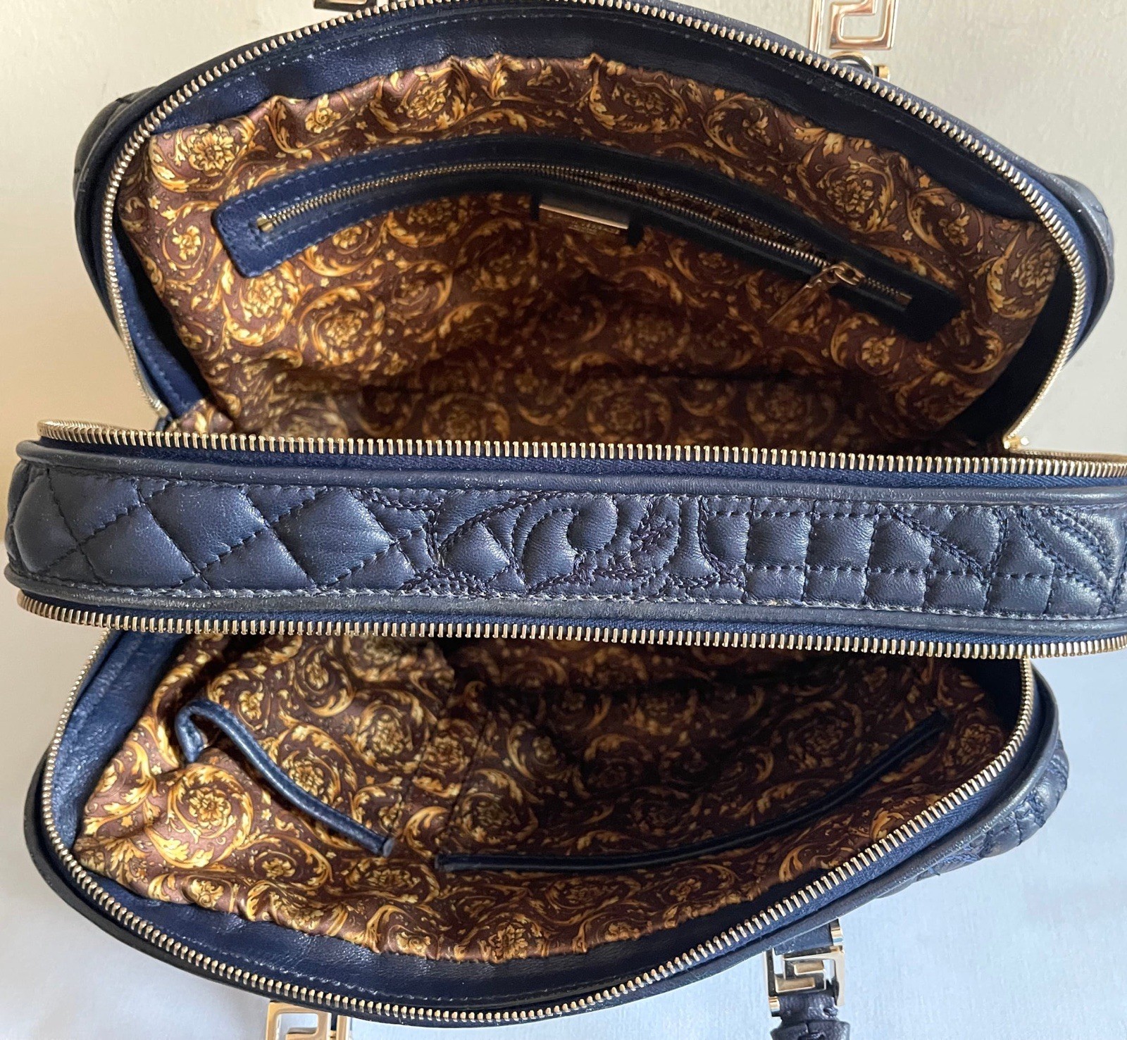 Versace Navy Blue Leather Demetra Vanitas Satchel Bag