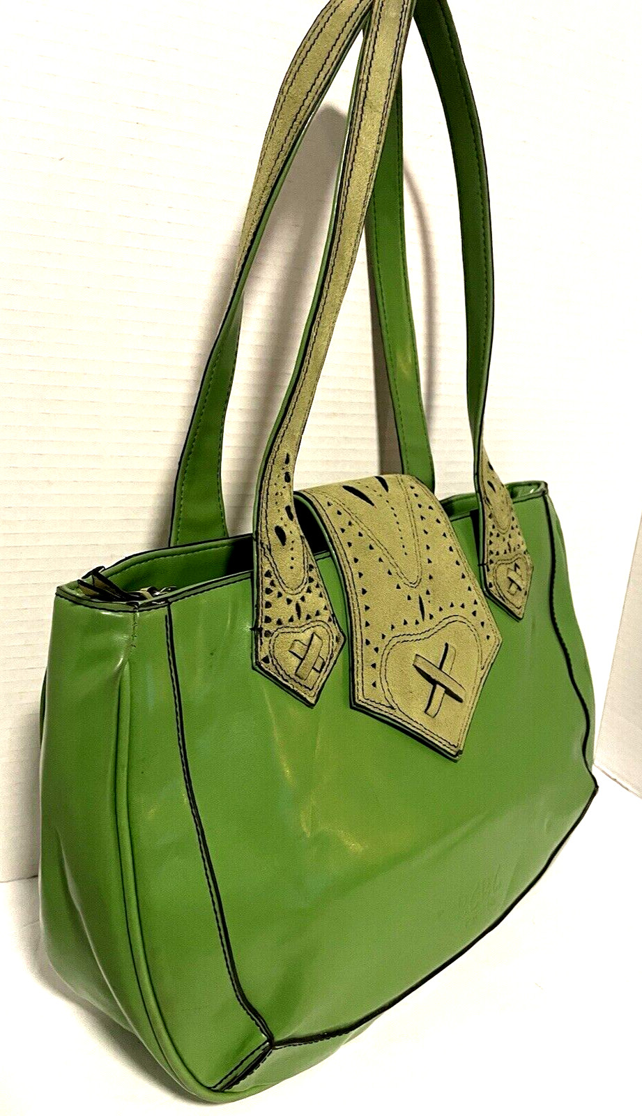 BCBG PARIS Apple Green Faux Leather Suede Trim 3 Section Shoulder Handbag FAB