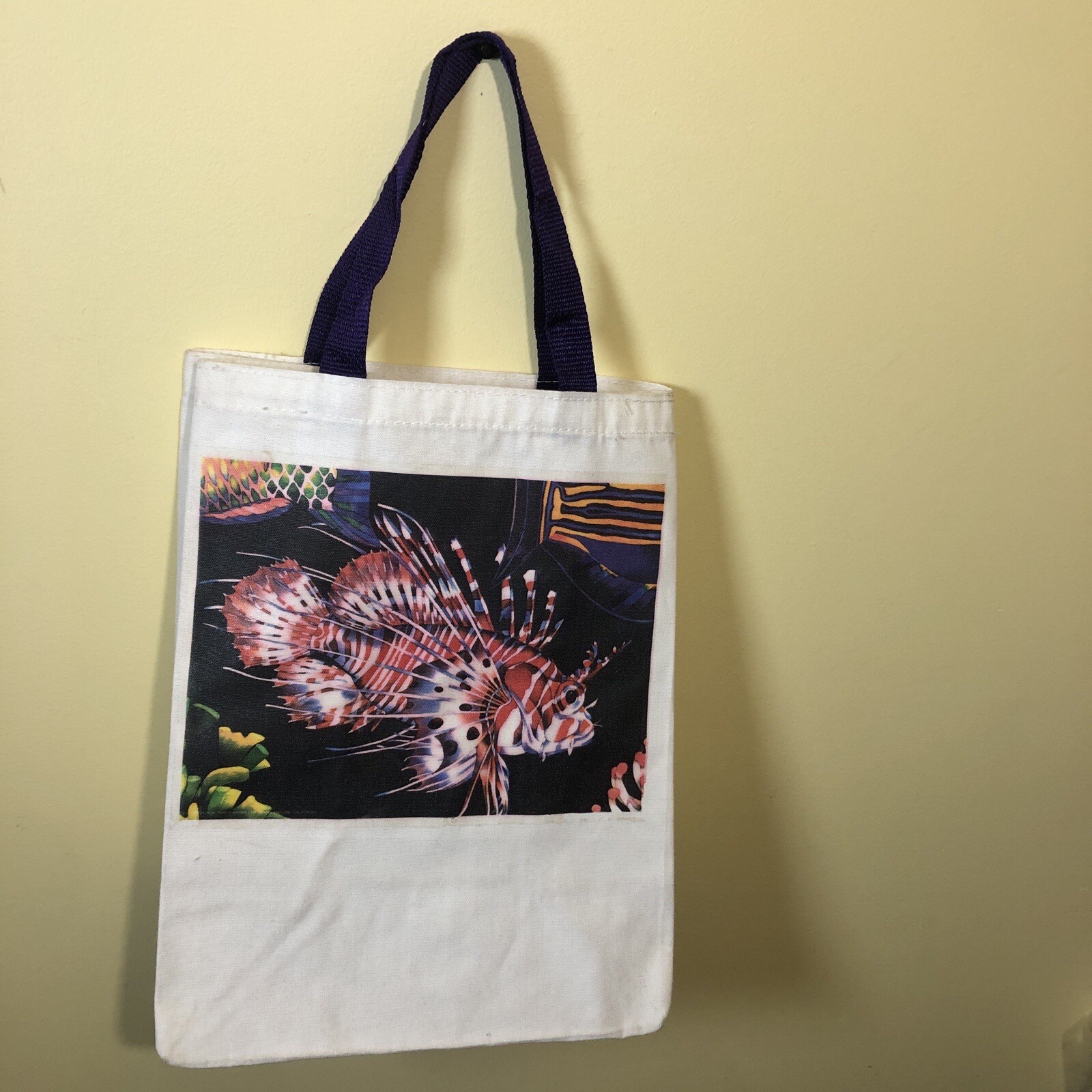 VTG 80s 90s Billboard Concepts Canvas Tote Bag Fish Colorful Purple Handle