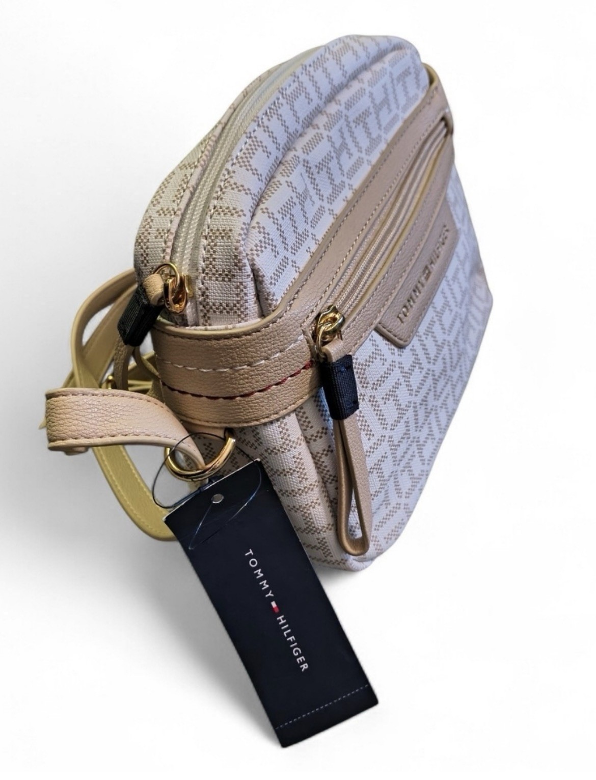 NWT Tommy Hilfiger Beige Tan TH Monogram Crossbody Bag Purse Camera Style