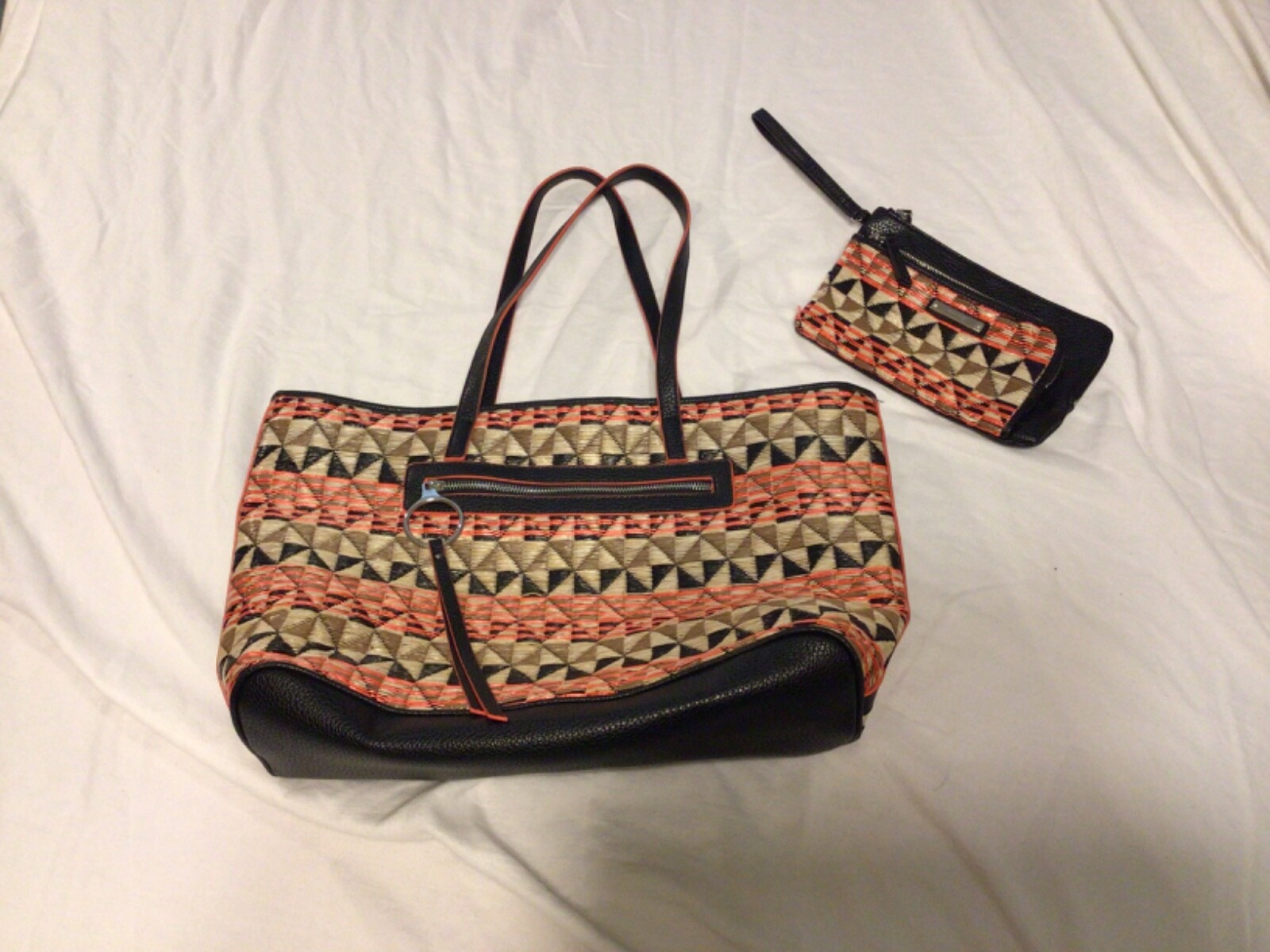 Nine West faux straw woven large Tote Bag Purse with strapped clutch