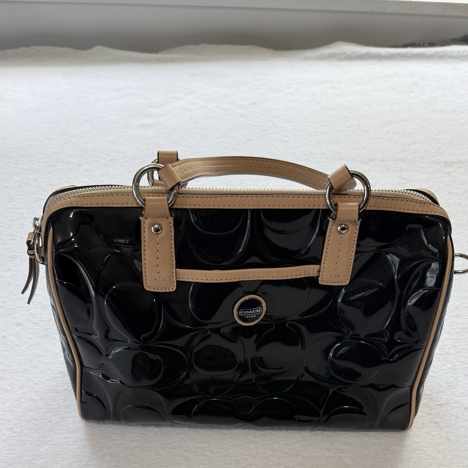 COACH F25189 Signature Stripe Embossed Peyton Patent Satchel Bag