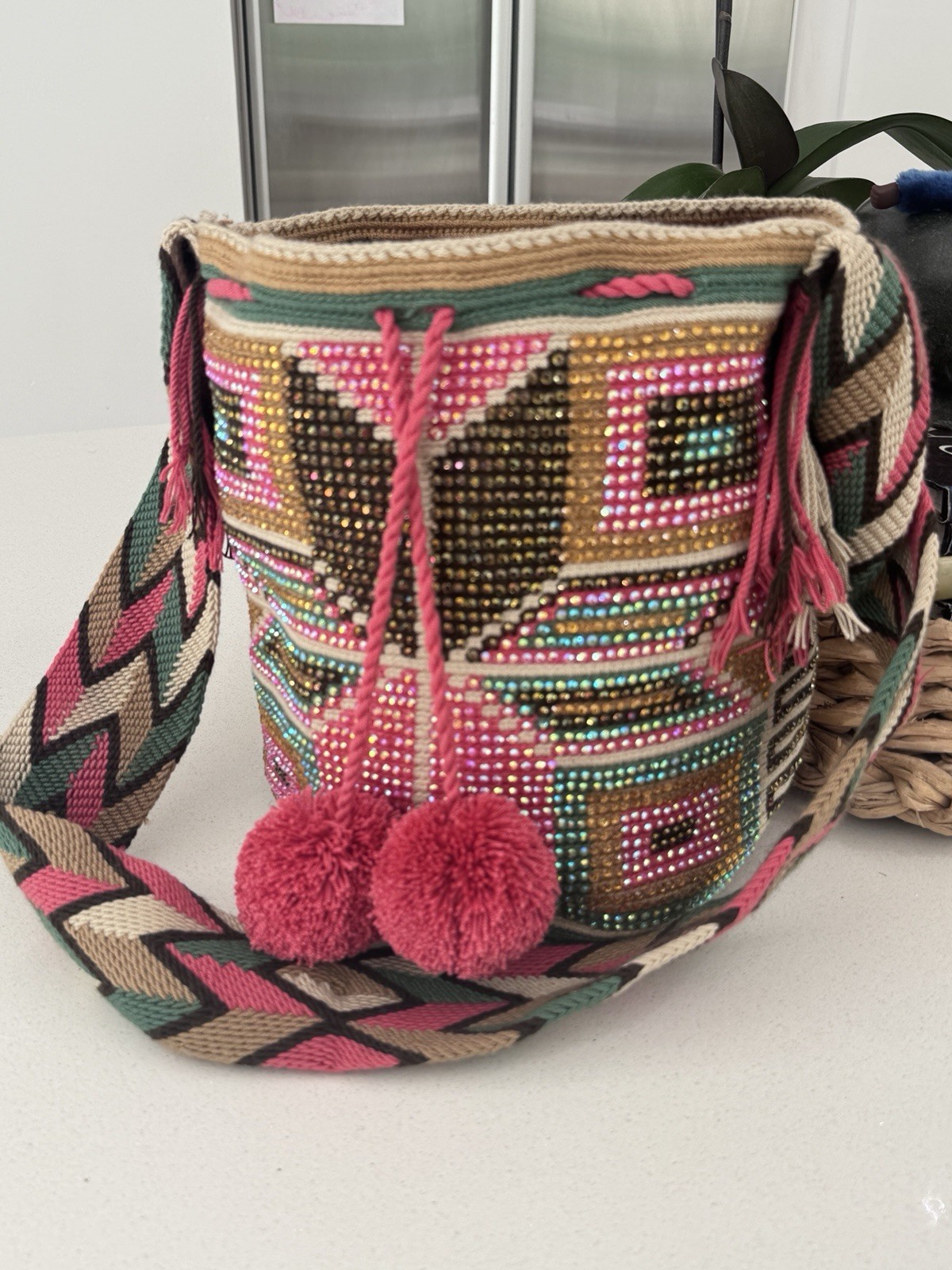 Handmade Crochet Beaded Geometric Bucket Crossbody Bag Drawstring Tassel