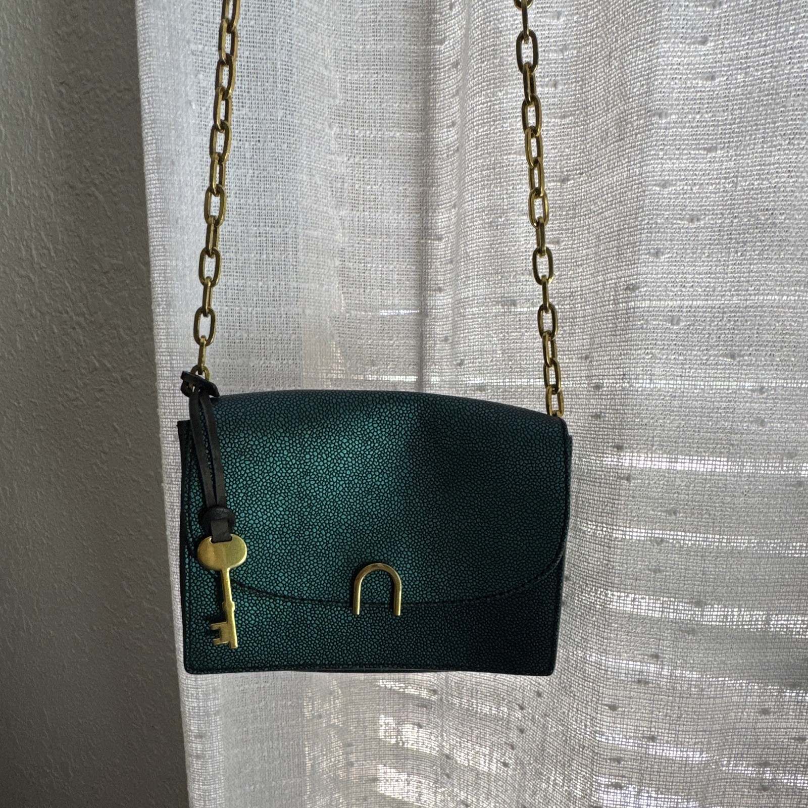 Fossil Pebbled Green Crossbody Bag, Gold Tone Hardware, Key Accent