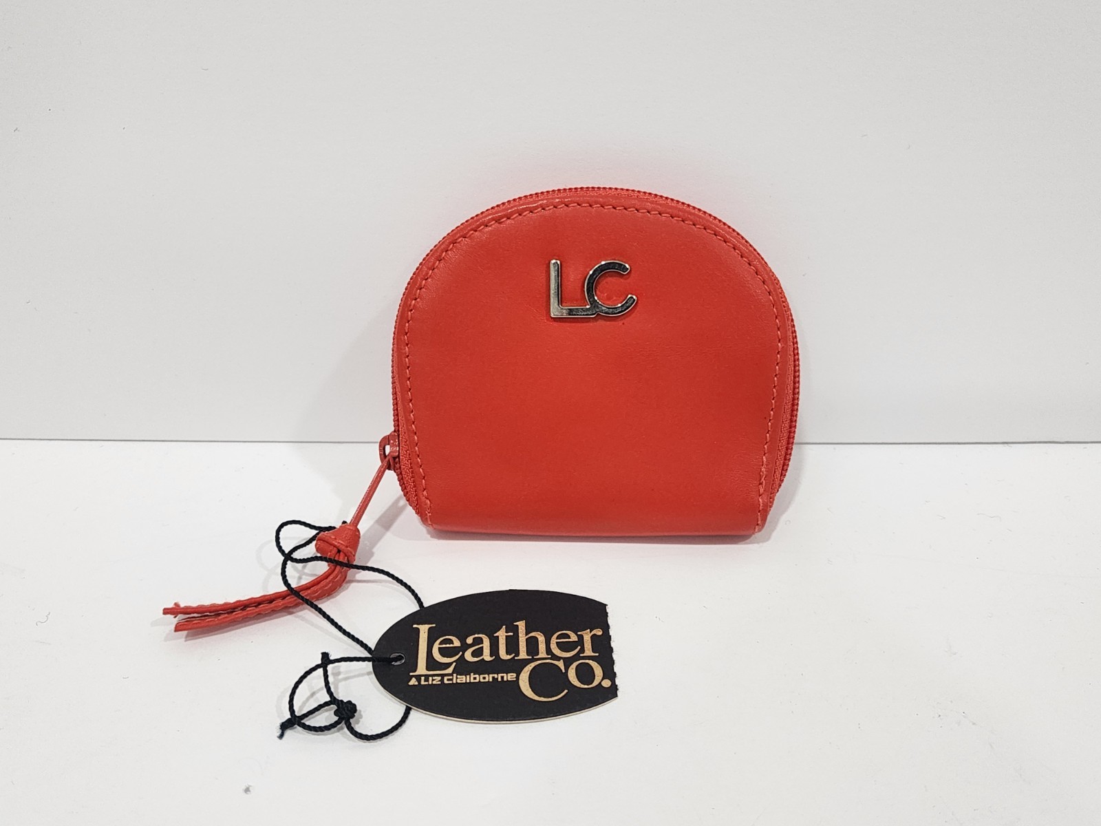 Leather Co by Liz Claiborne Small Genuine Leather Coin Purse Zip Orange NEW