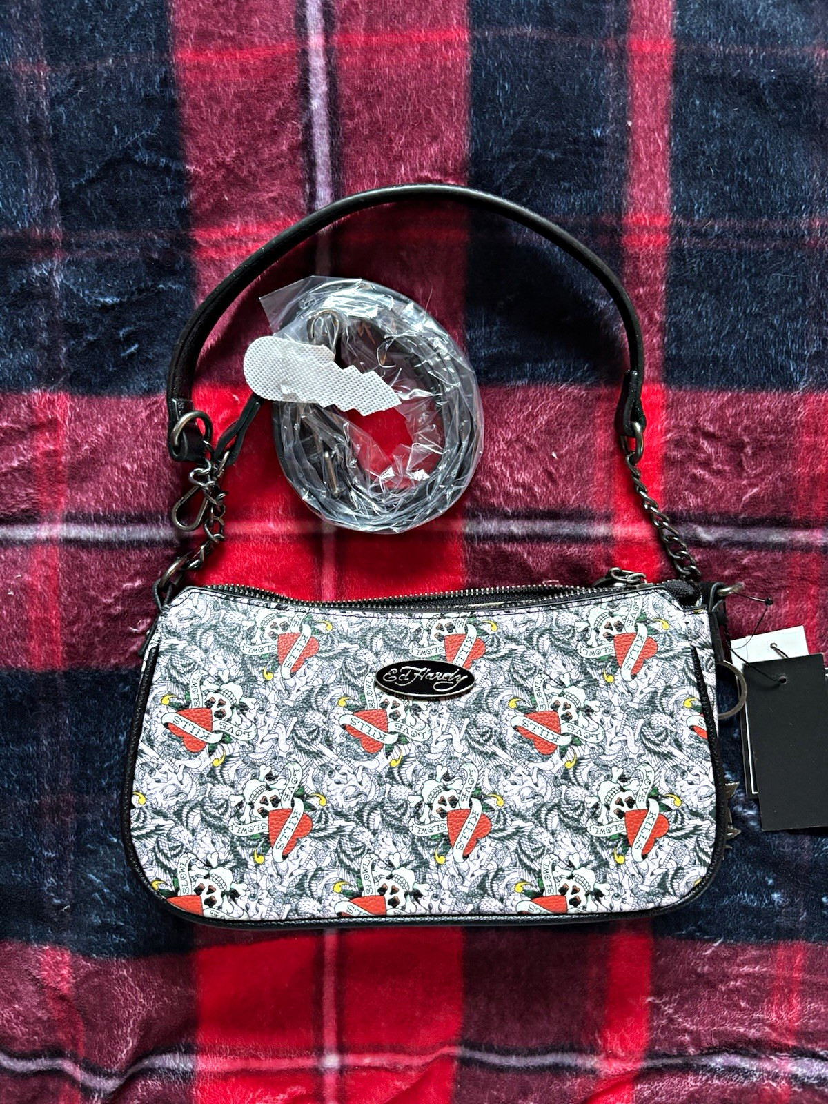 Ed Hardy Skull Heart Graphic Print Small Shoulder Bag Zip Detachable Strap Charm