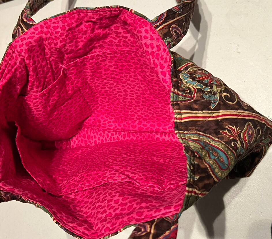 Handmade Quilted Tote Shoulder BAG PURSE Brown Floral Paisley Lined Pink Pocket