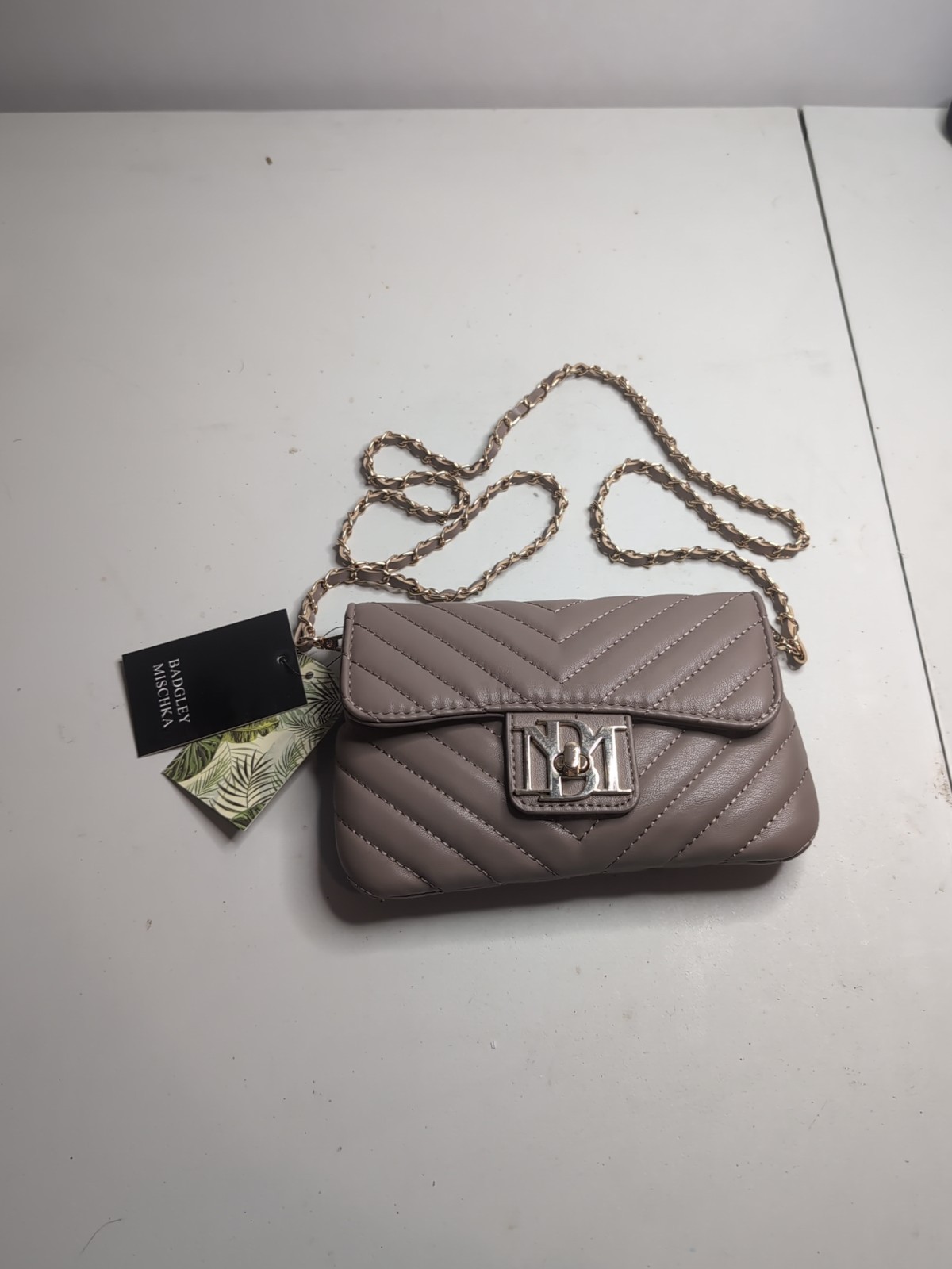 Badgley Mischka Taupe Brown Simple Phone Crossbody with Letter Lock in Front Bag