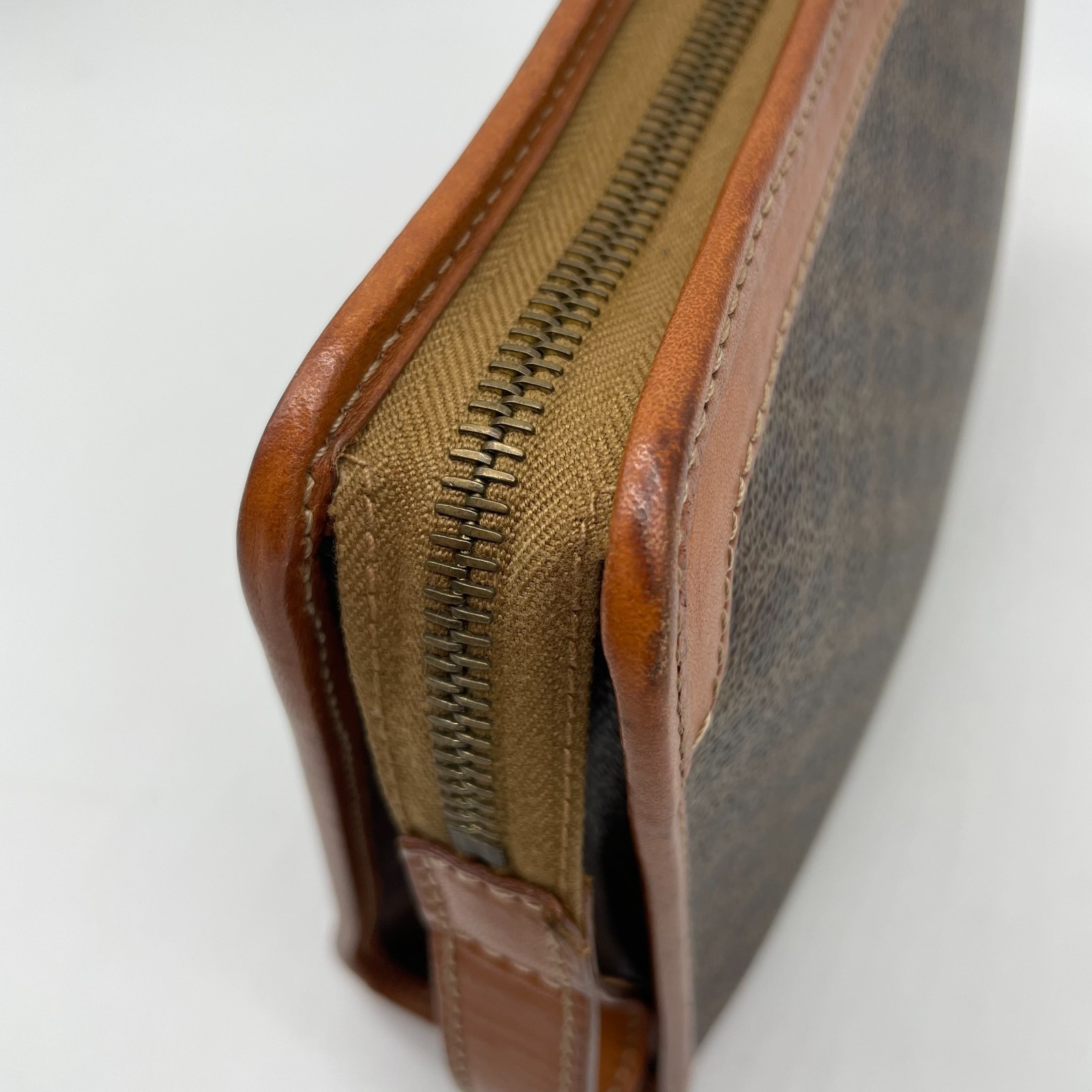 Celine Clutch Bag Brown Macadam Triomphe Leather Leather PVC Pouch Y2K Auth
