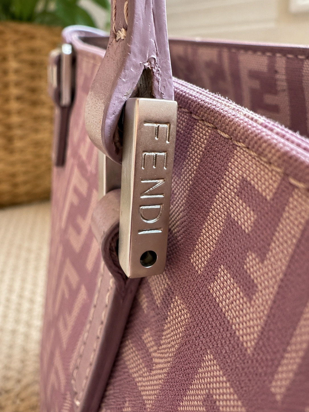 Authentic Vintage Fendi Lavender Zucchino FF Monogram Tote Bag leather handles