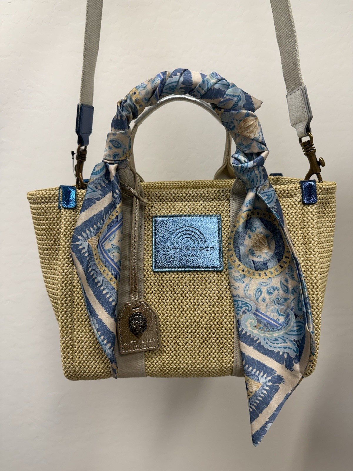 Kurt Geiger SM Southbank shopper bag Beige Raffia Scarf NWT $185