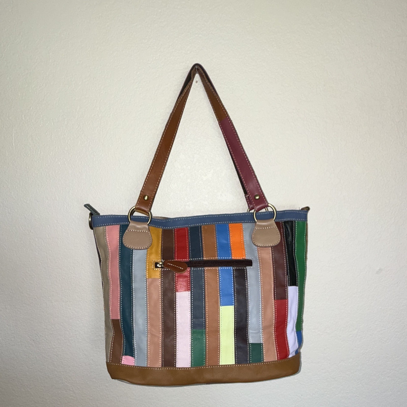 Mohiriya EUC Colorful Patchwork Floral Leather Tote Purse w/ Removable Zip Pouch