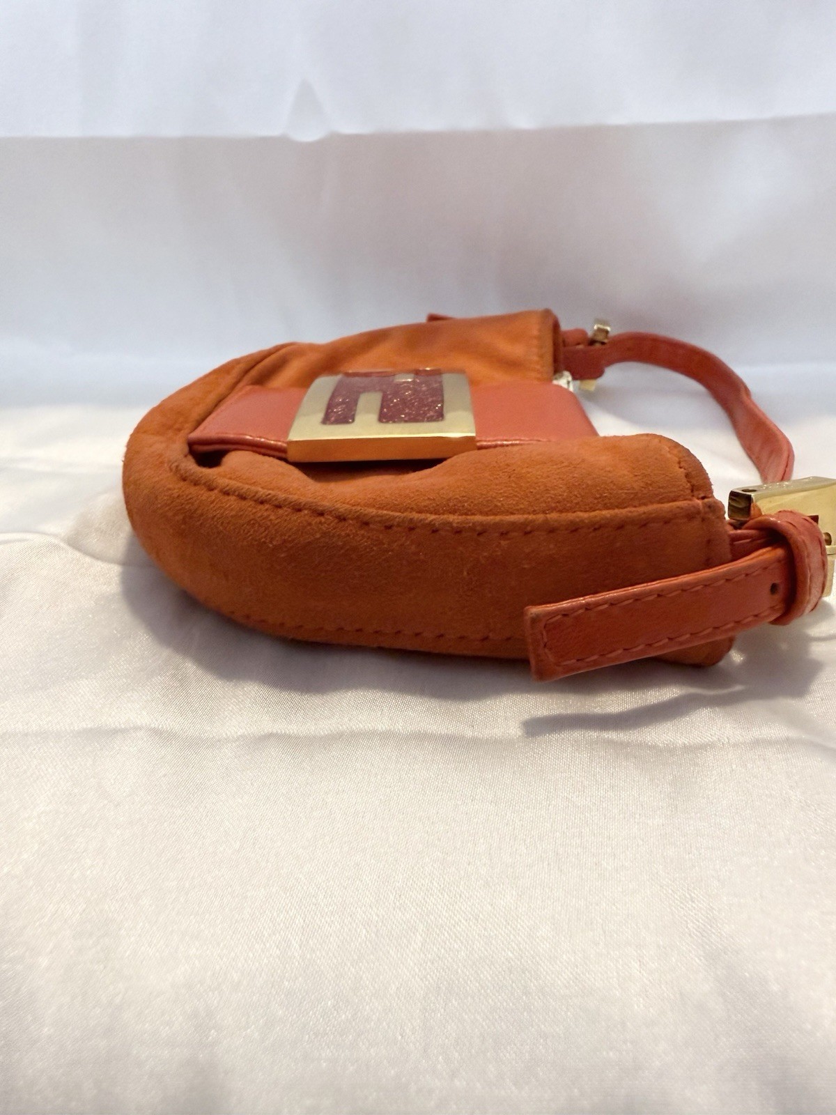 Authentic VINTAGE FENDI MINI CROISSANT ORANGE SUEDE/LEATHER