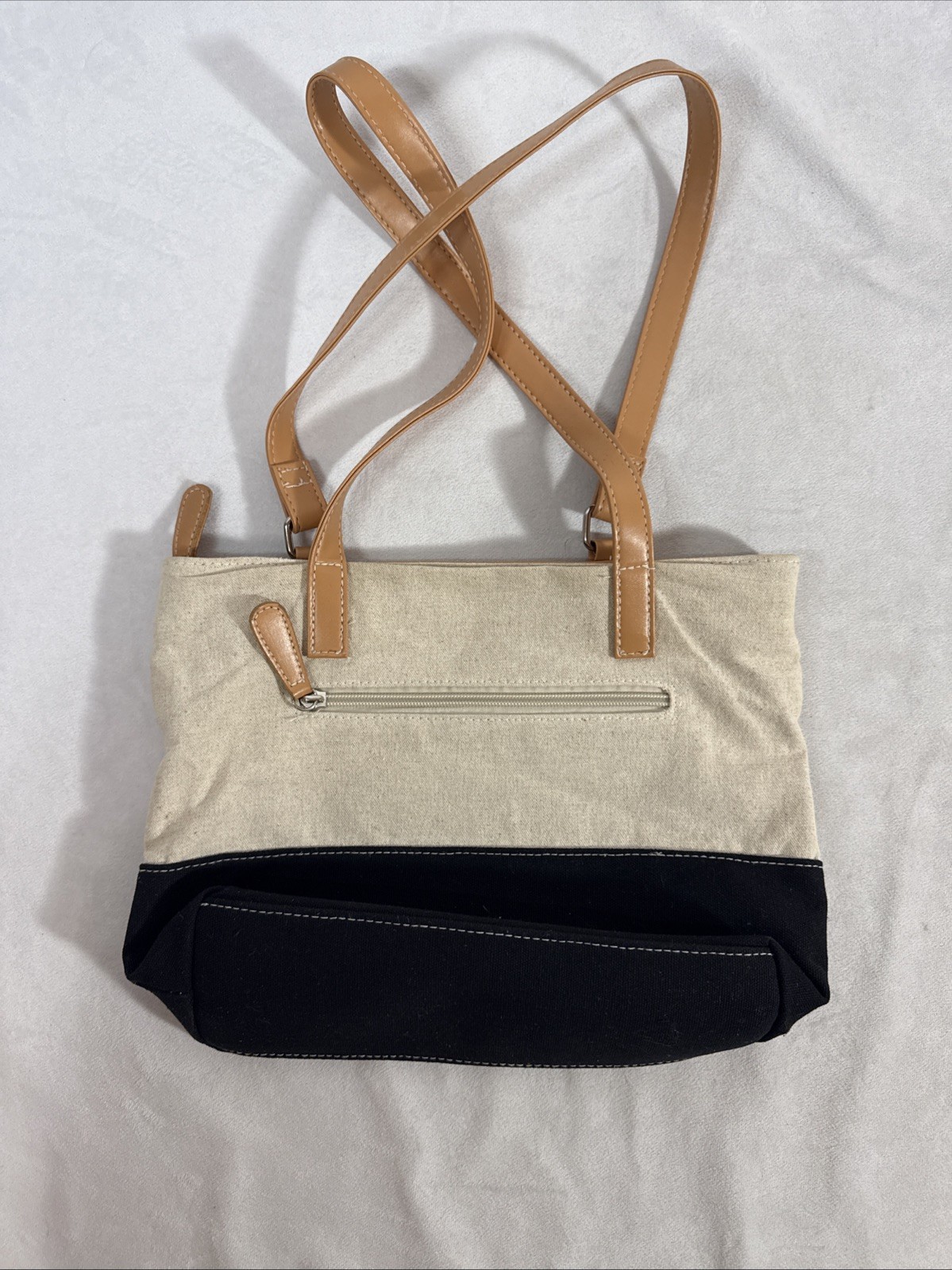 Stone Mountain Purse Beige Black Shoulder Straps Canvas 12” X 9”