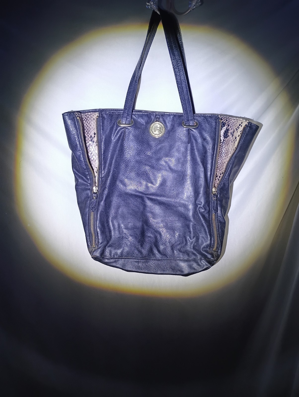 London Fog Blue Tote Bag, Zip Closure, Gold Hardware, Double Handles, Logo
