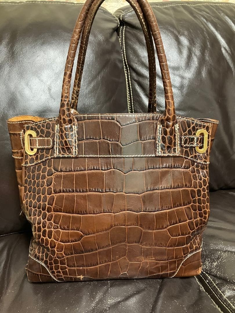 A.D.M.J Tote Bag Croc Embossed Genuine Leather Brown Japan Used Good Condition