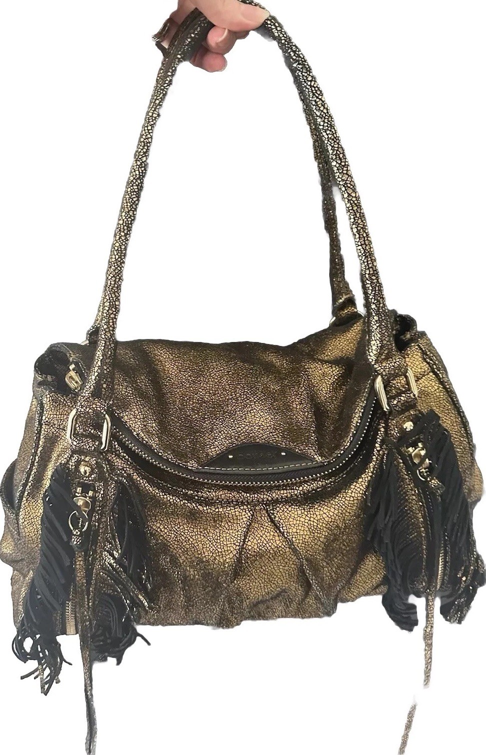 BOTKIER Gold Metallic Leather Trigger Front Flap Satchel Bag Handbag Purse