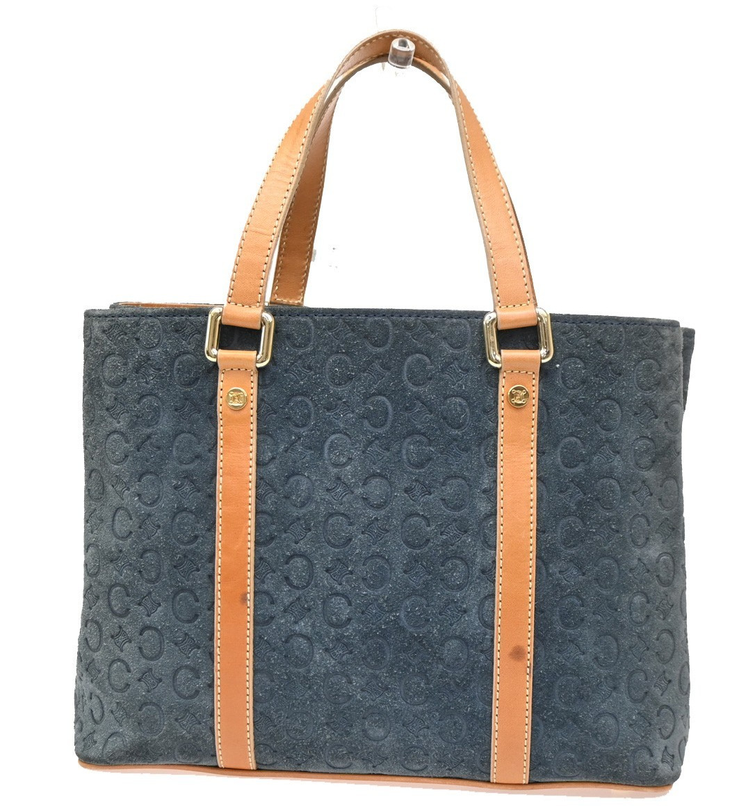 CELINE Logo C Macadam Pattern Hand Tote Bag Suede Leather Blue GHW 61ZA083