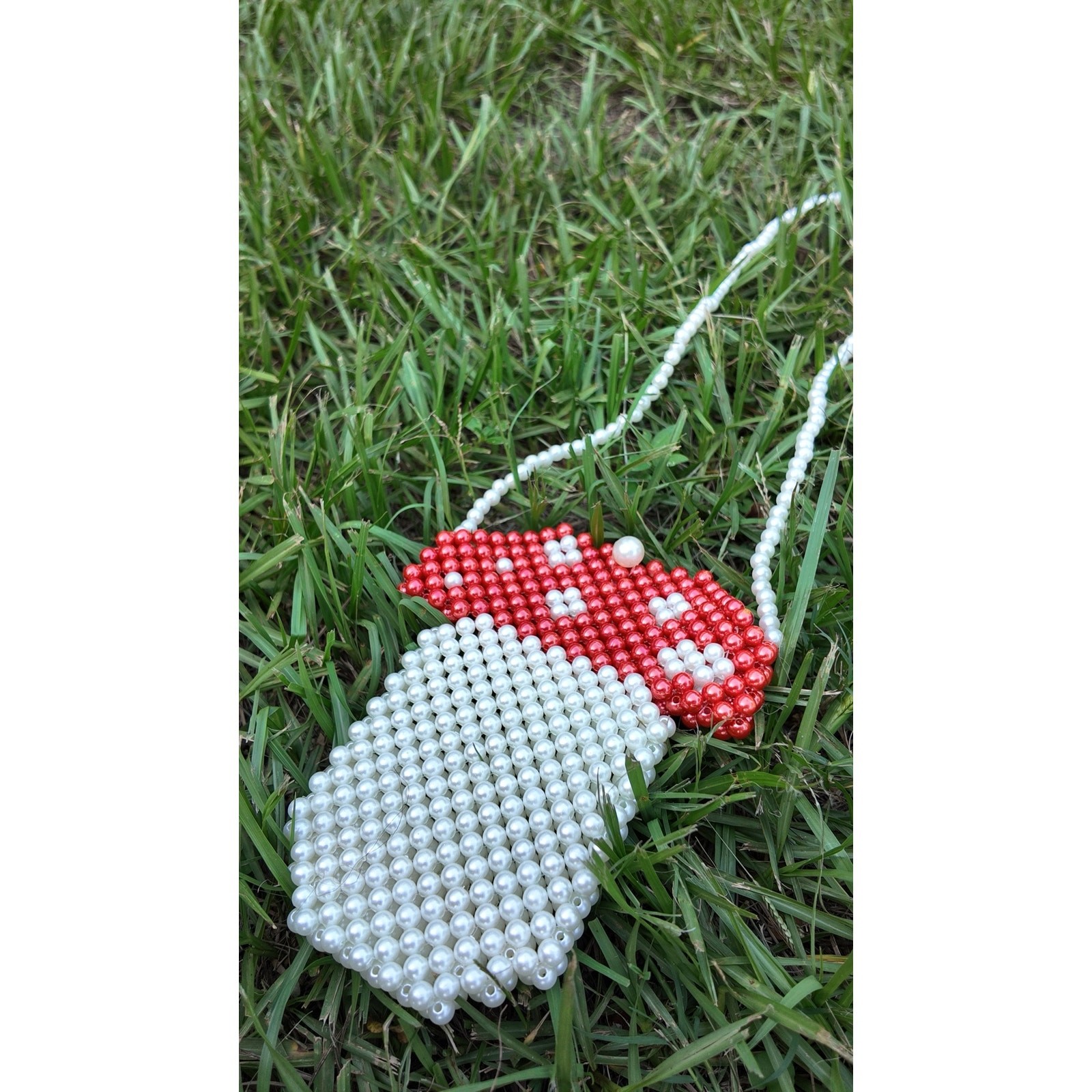 Handmade Beaded Mushroom Crossbody Bag Pearl Red White Novelty Purse