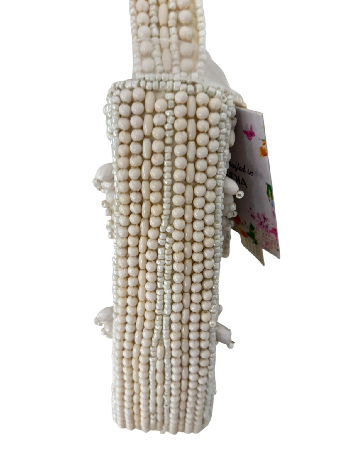 From India to You Moon-Shaped Cream Beaded Shoulder Bag with Elegant Embroidery