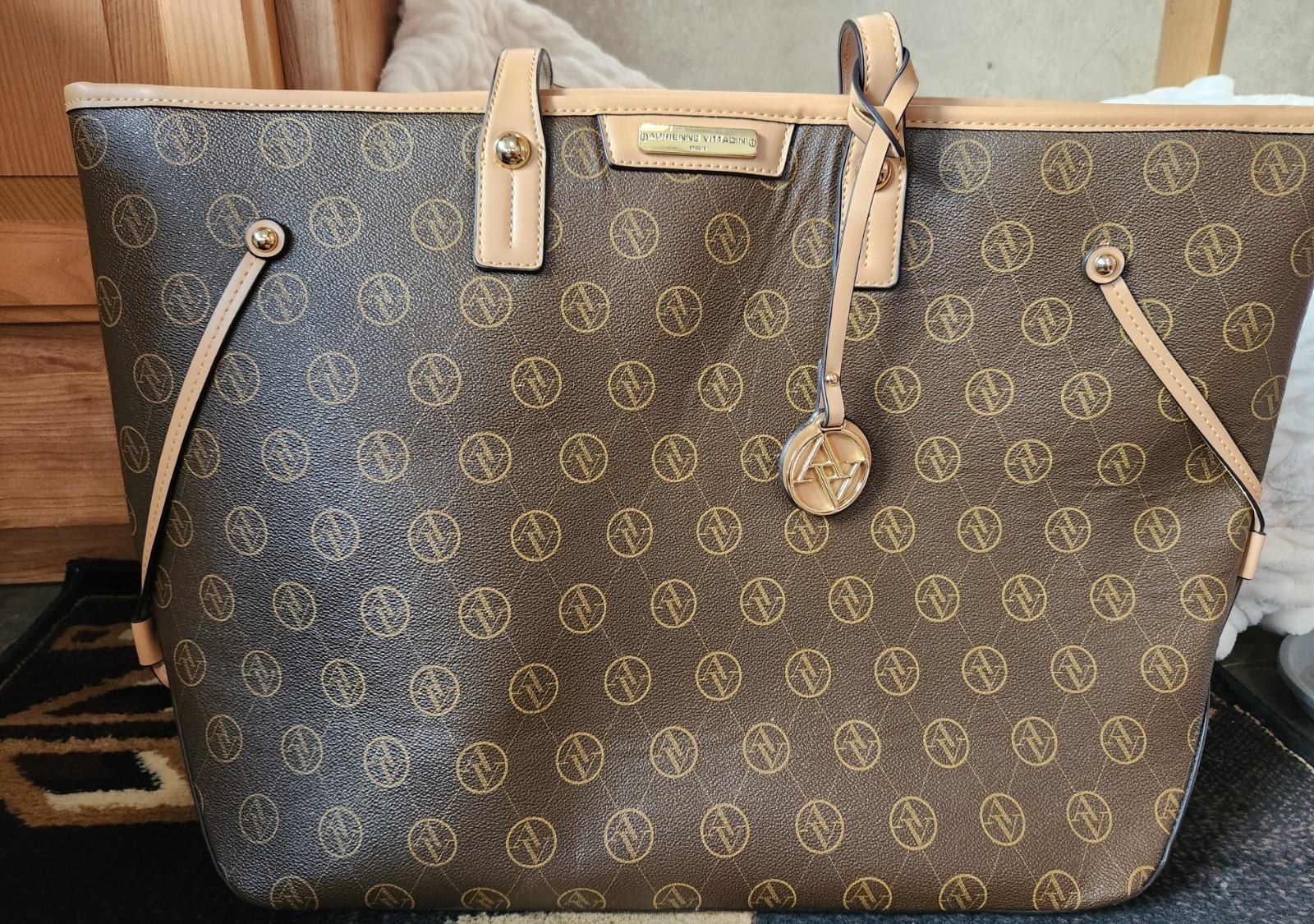 Adrienne Vittadini Large Monogram Tote Zip, Red Lined, Pockets, Studs