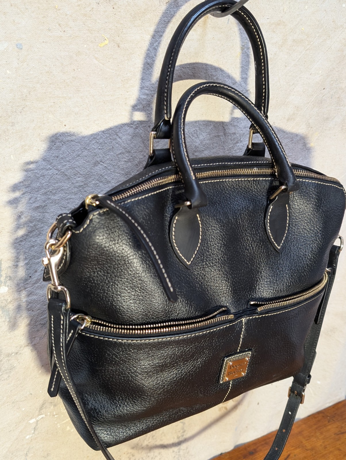 Dooney & Bourke Black Leather Dome Satchel Crossbody Bag Triple Zip-FREE Ship