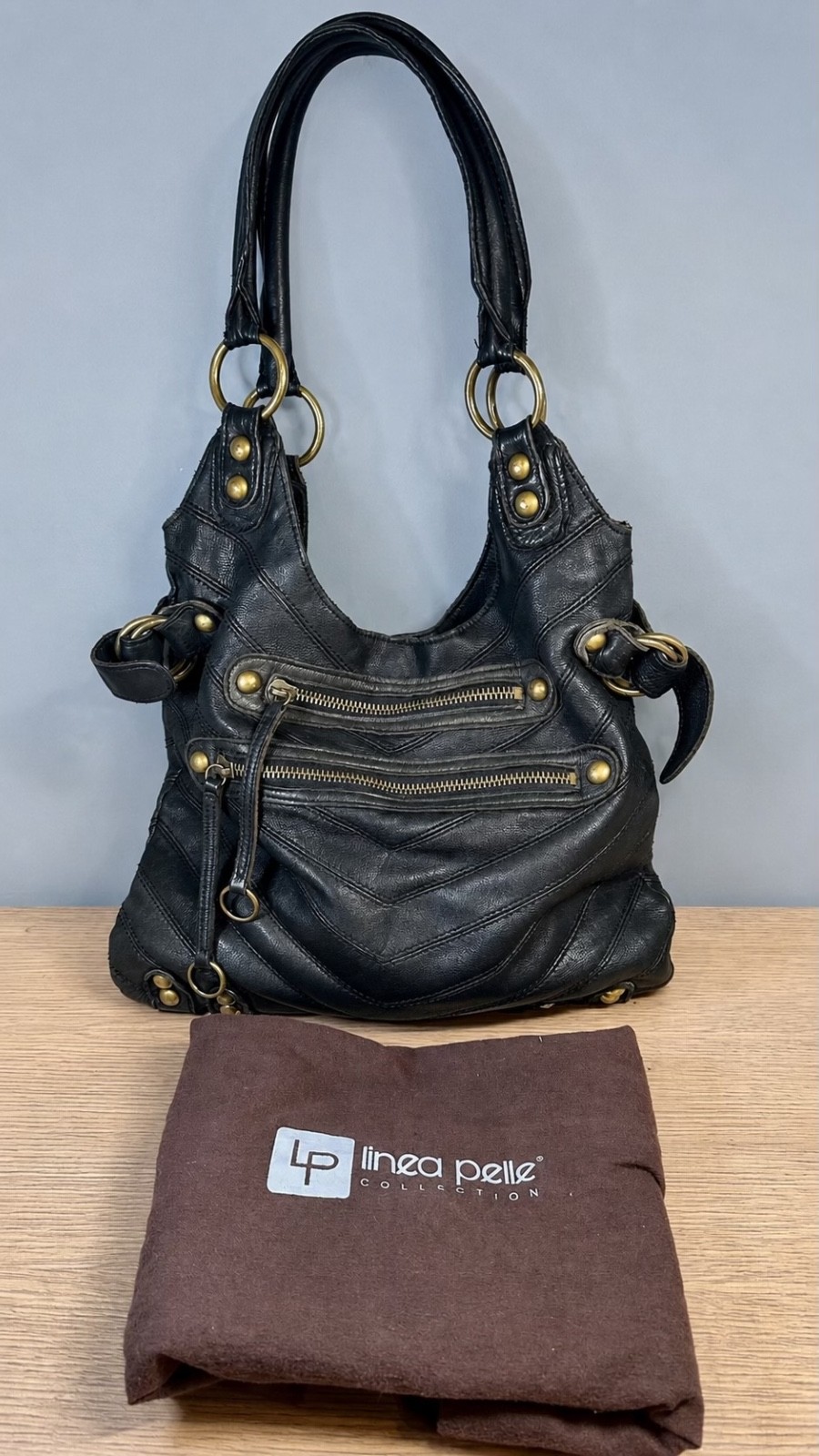 Y2K Linea Pelle Dylan Black Leather Multi Zip Hobo Bag Zebra Lining Dust Bag