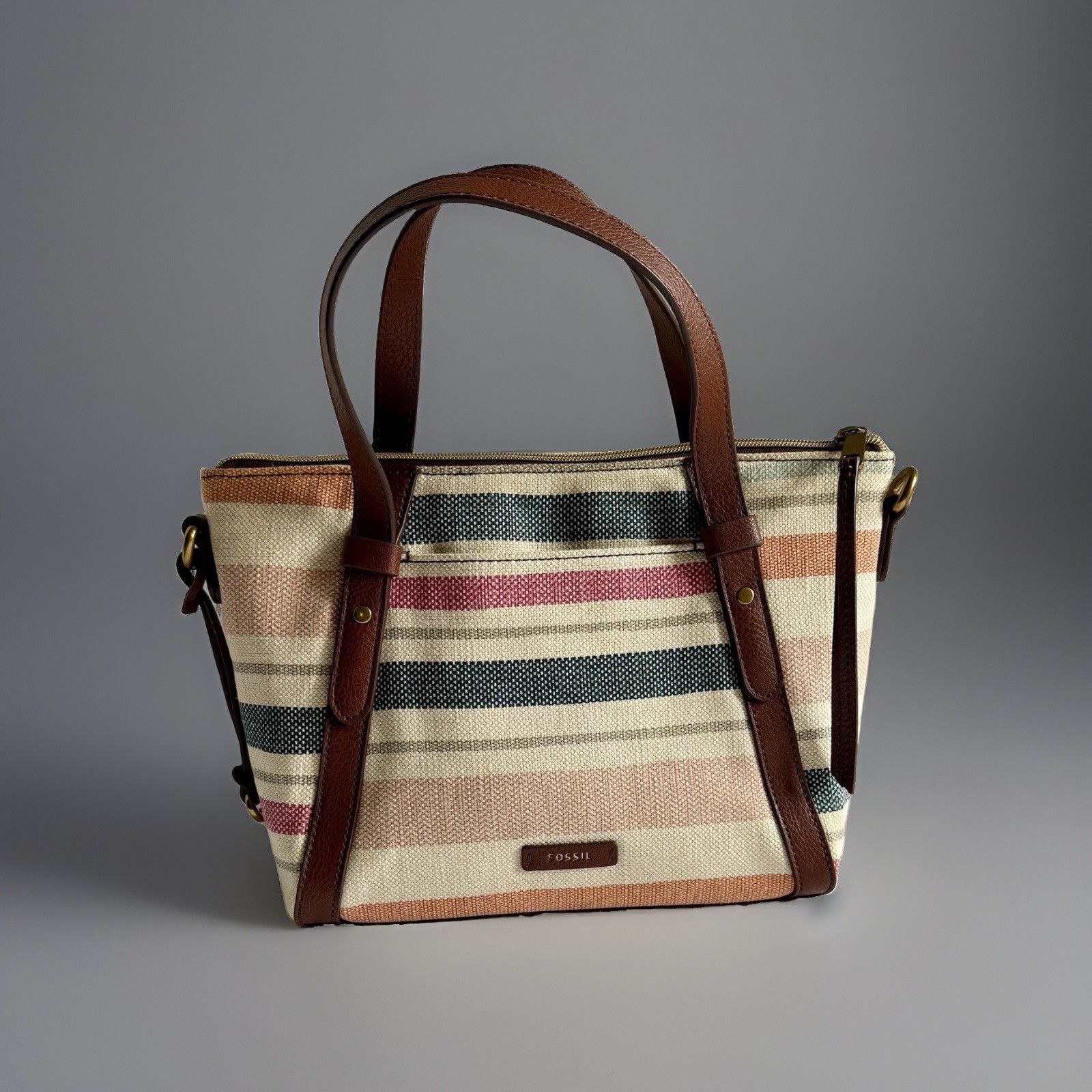 Fossil Purse Handbag Cross Body Aqua/Brown, blue pink red orange stripes