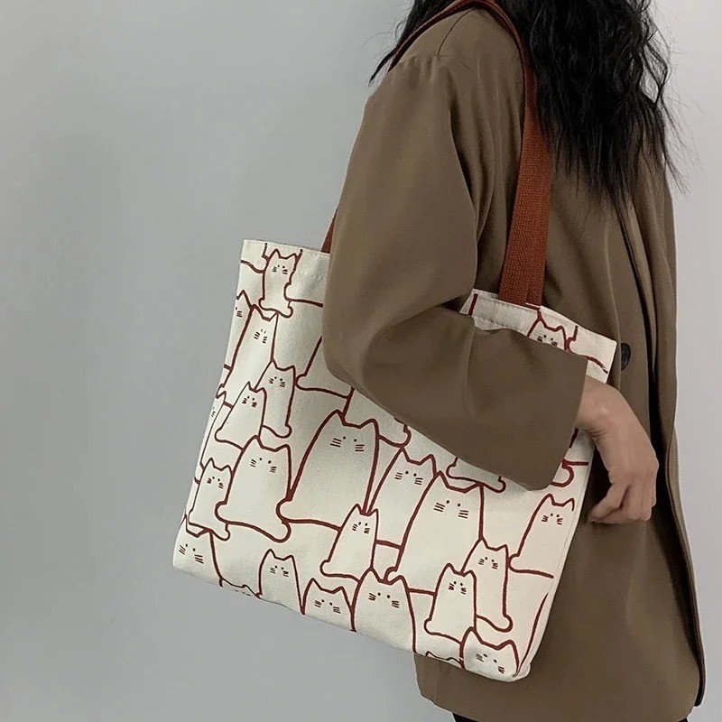 NEW CUTE CAT CANVAS TOTE SHOULDER BAG WITH ZIPPER KITTEN ALL OVER PRINT