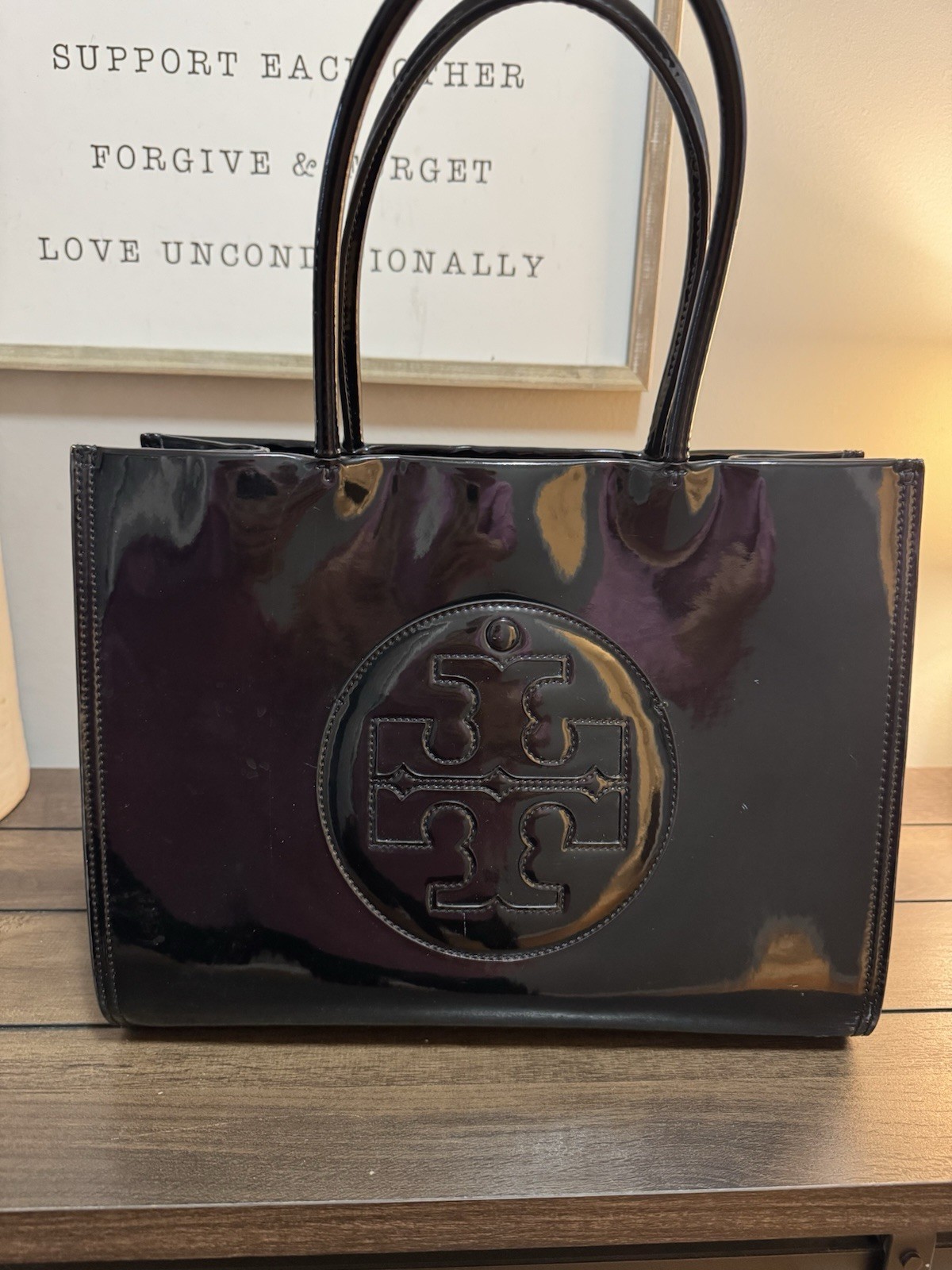 Tory Burch Black Logo Tote Bag Open Top Double Handles Solid Patent Finish