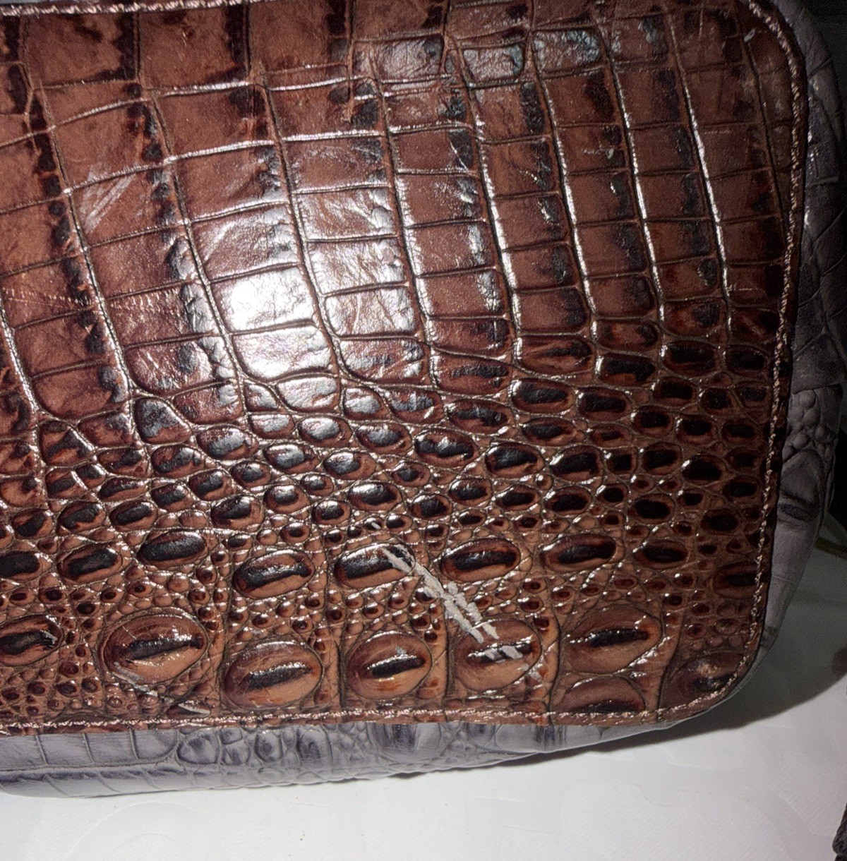 Brahmin Gray Brown Crocodile Embossed Leather Satchel Crossbody Handbag