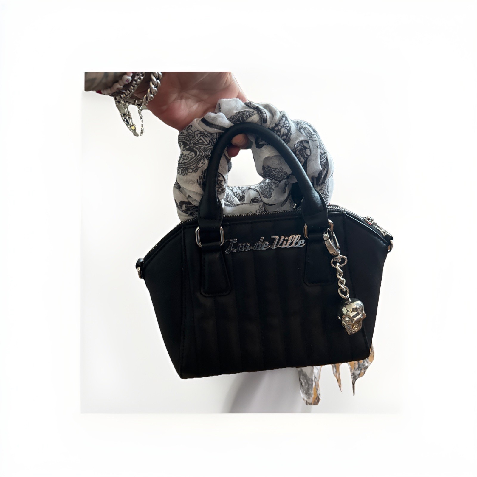 Lux De Ville Silver & Matte Black Quilted Hand Bag Goth Skull Key Fob + Scarf