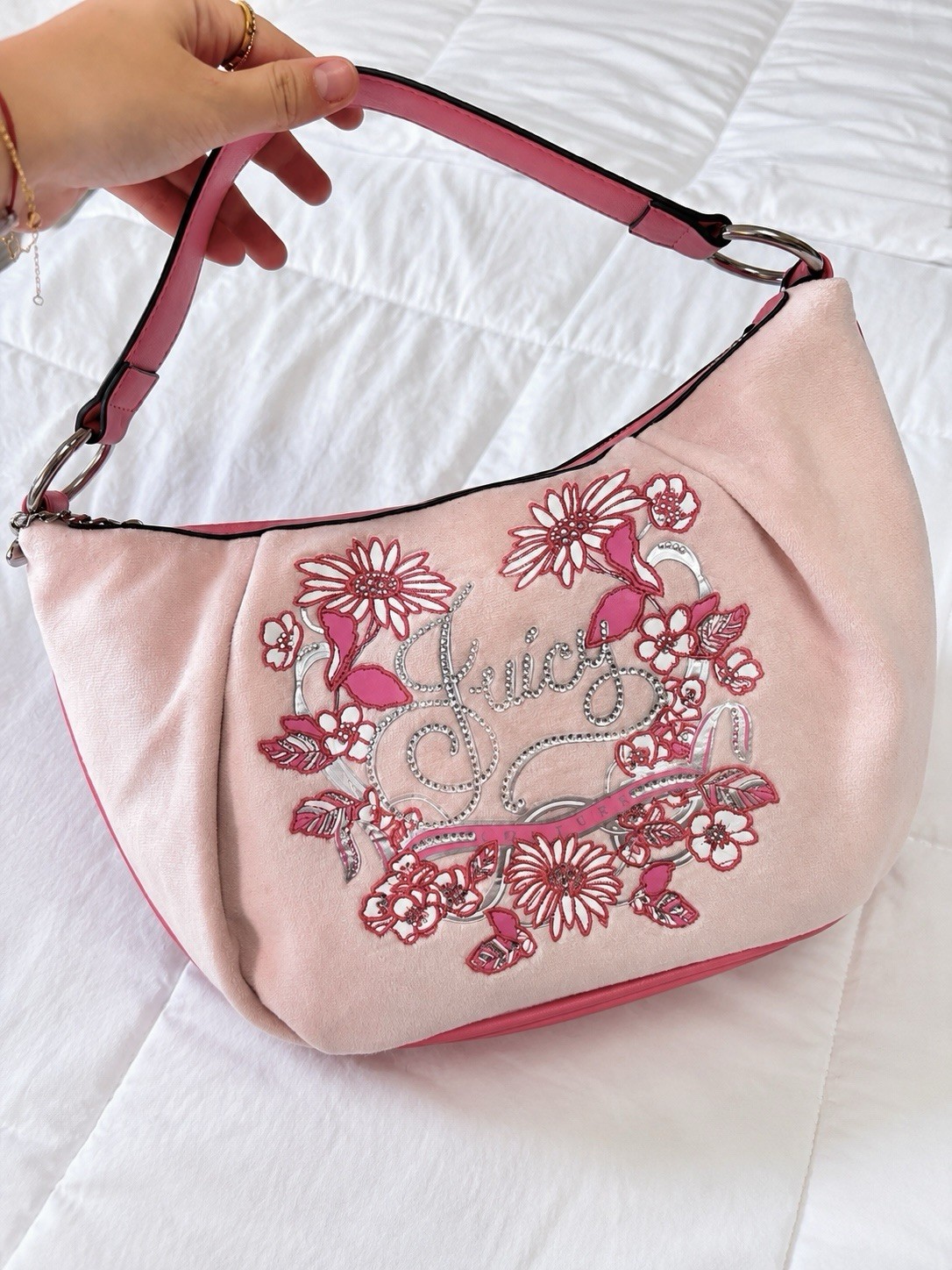 Authentic Y2K Juicy Couture Pink Suede Floral Logo Hobo Bag Y2K