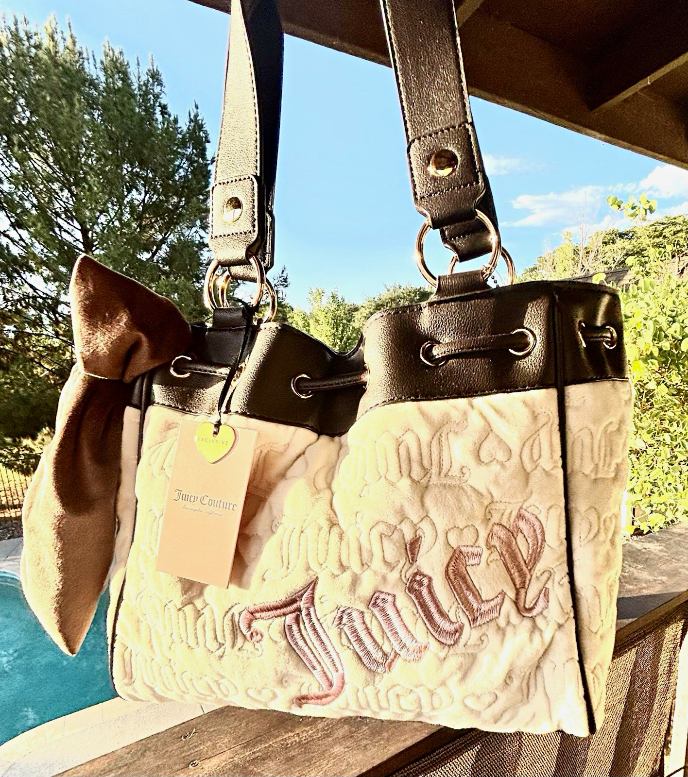 Juicy Couture Medium Tote Cream/Brown Quilted Logo Heart Charm Bow Drawstring