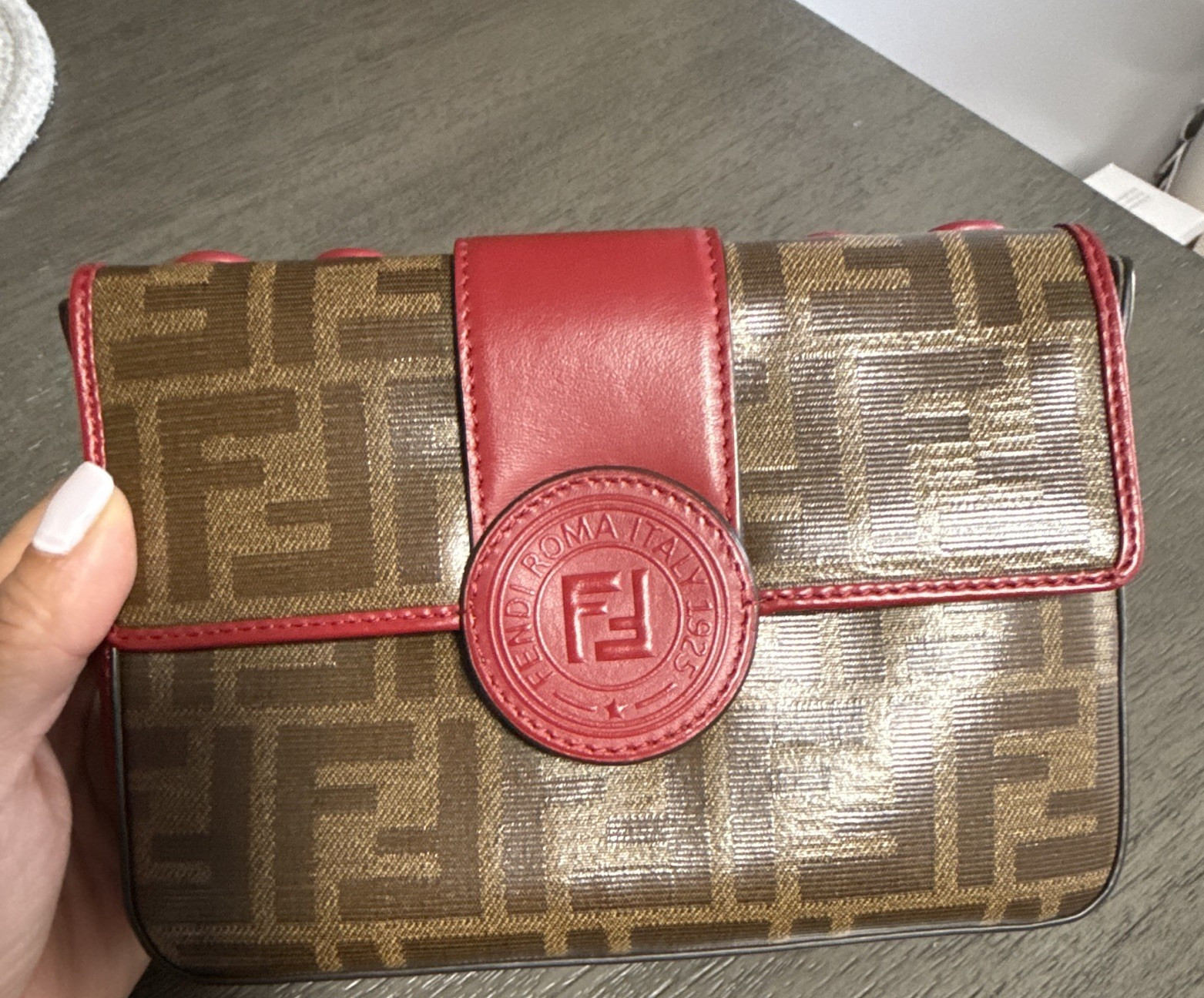 Fendi Zucca Logo Small Brown/Red Flap Crossbody Magnetic, Detachable Strap