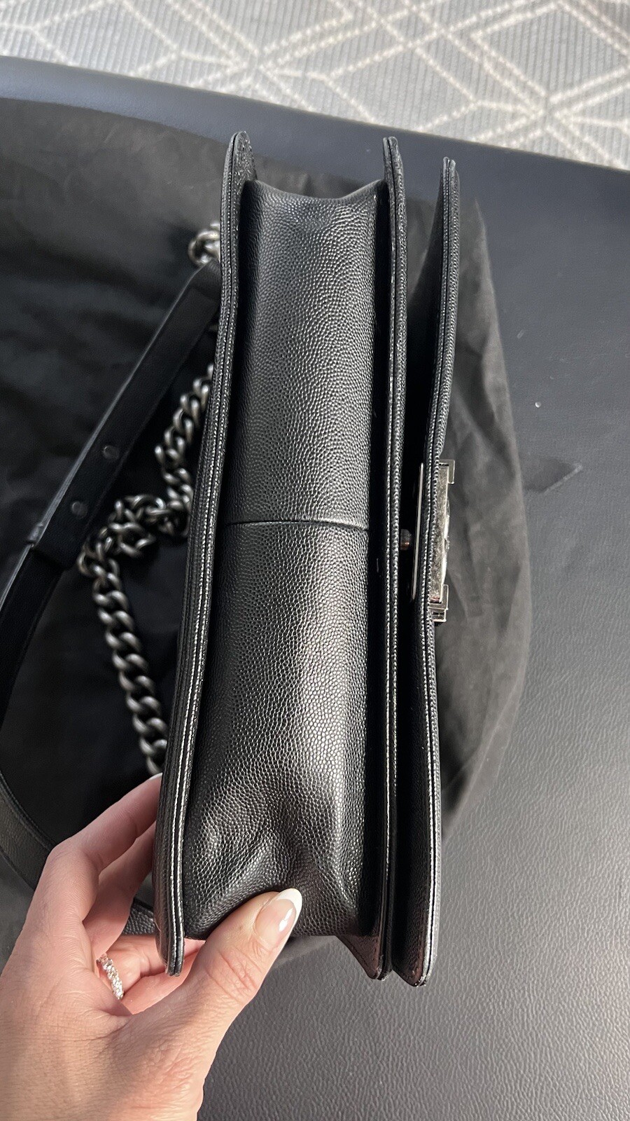 Chanel Large Boy Bag Calf Skin Ruthenium Metal a finish