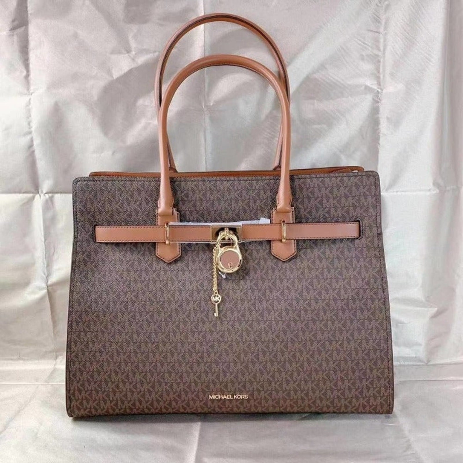Michael Kors 35F1GHMT4B Hamilton XL EW Tote Lock Key Satchel In Brown