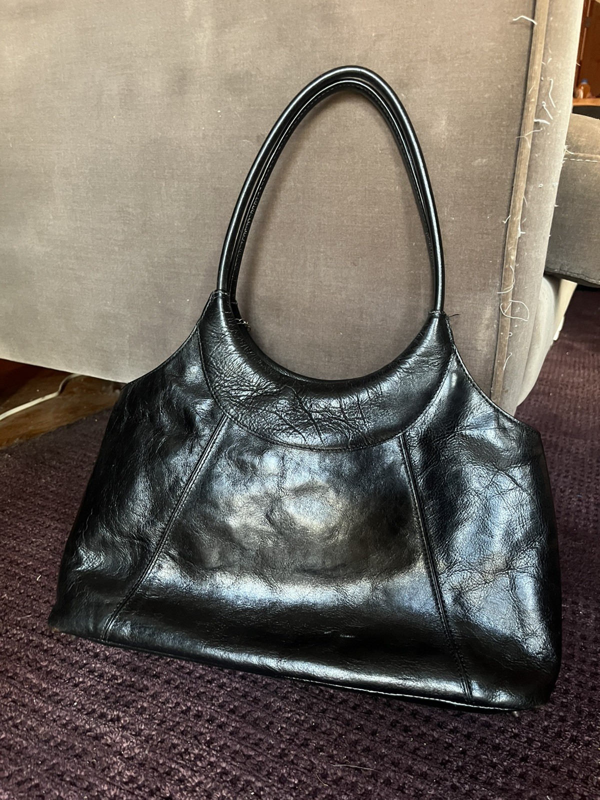 Vintage 90s Franco Sarto Thick Black Leather Footed Hand/Shoulder Bag Grommets