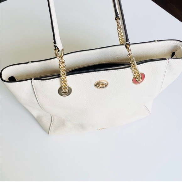 Coach Pebble Leather Turnlock Chain Tote Bag 27 in chalk white 57107