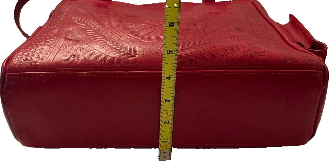 Red Embossed Leather Tote Bag Zip Top Floral Pattern Inner Pockets Silver
