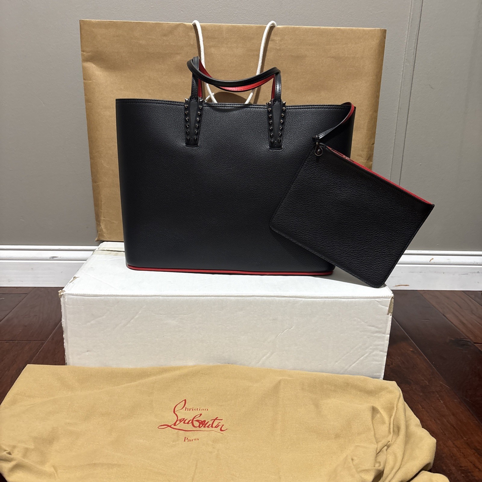Christian Louboutin Cabata Spikes Calfskin Leather Tote NEW WITH RECEIPT black