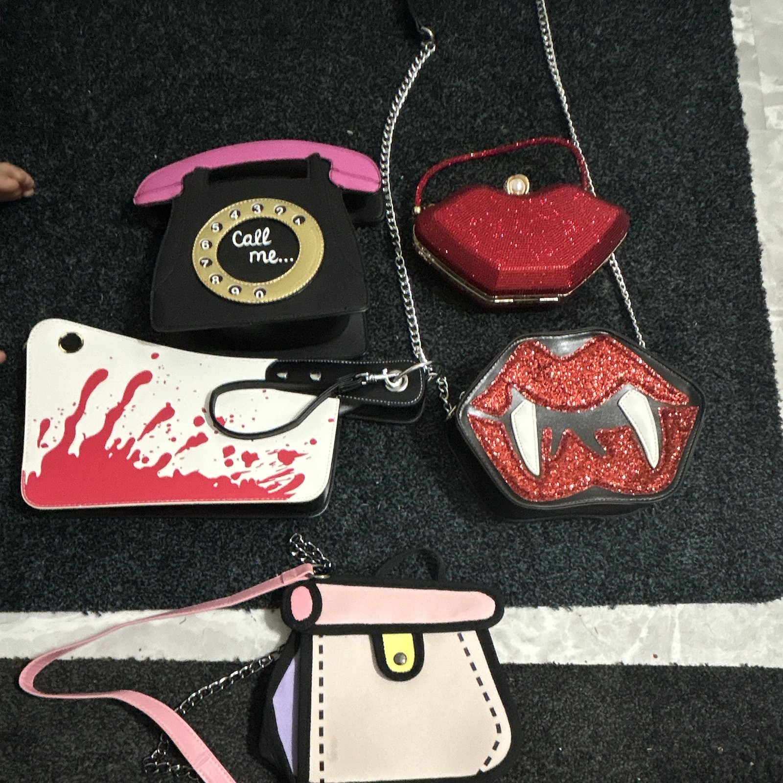 Novelty Phone & Lips Glitter Crossbody Bag Lot w/ Chain Strap, Detachable Strap