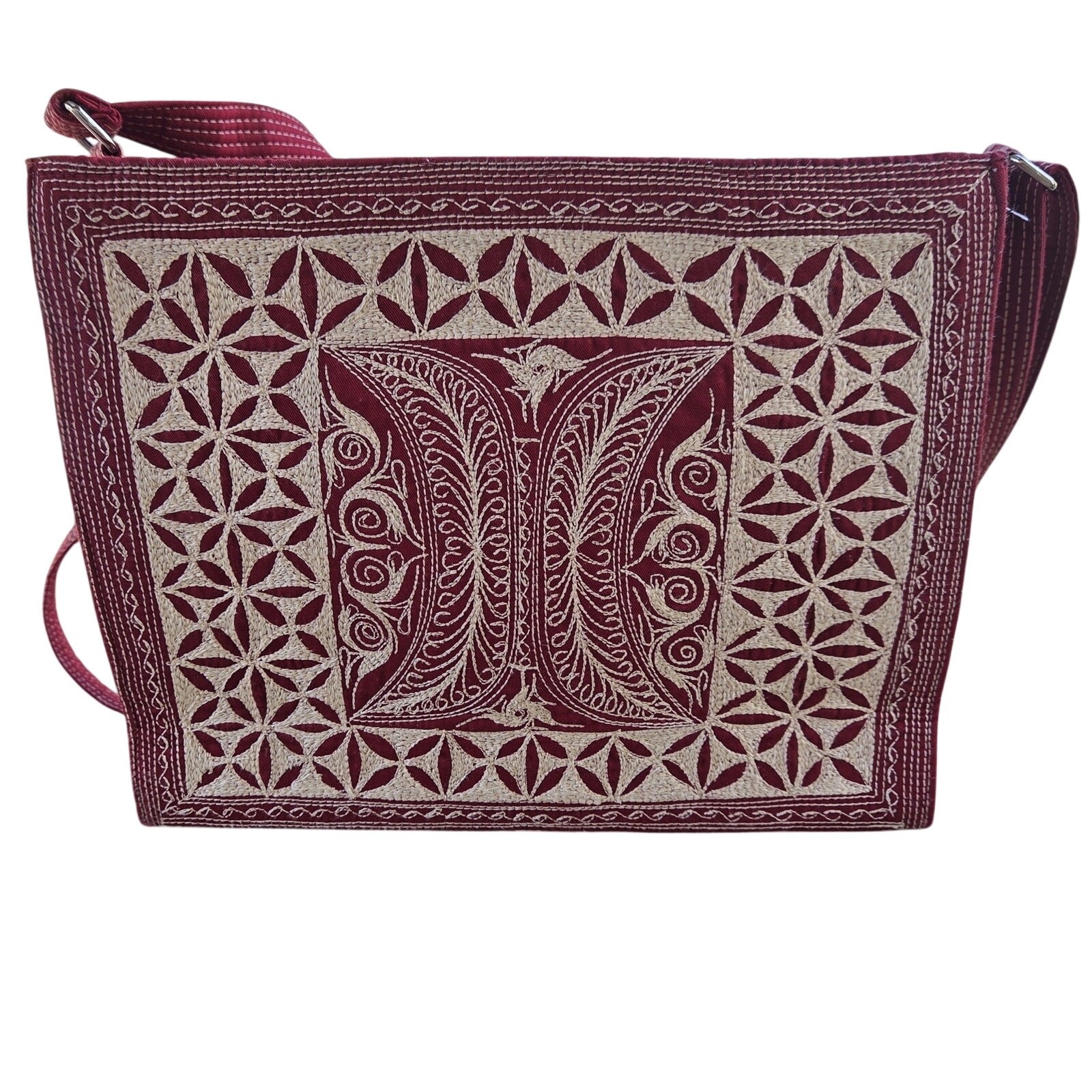 Vintage Embroidered Box Bag Burgundy Ivory Folk Art Crossbody Travel Purse